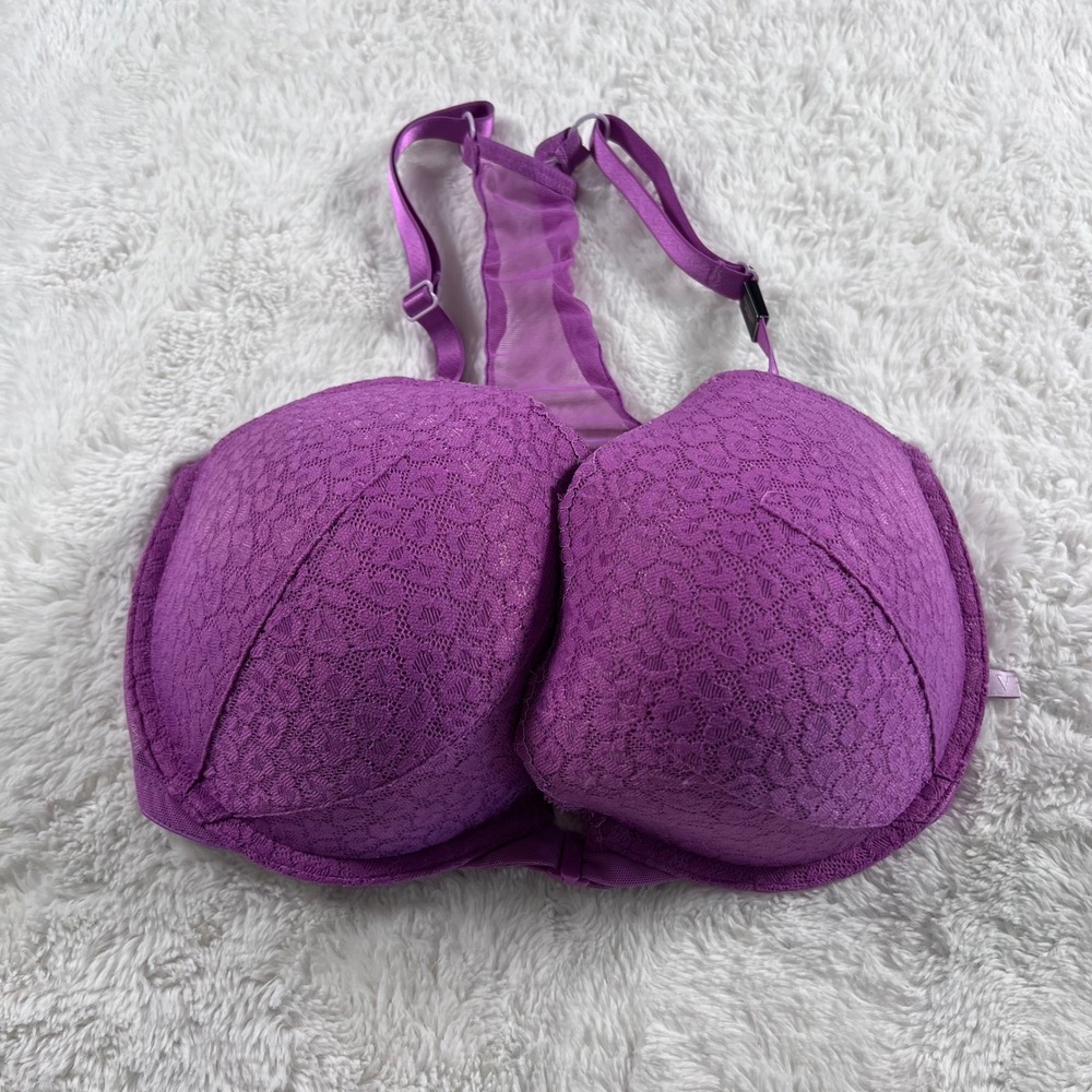 Victorias Secret Purple‎ Floral Lace Front Close Push Up Racerback Bra 34DDD NEW